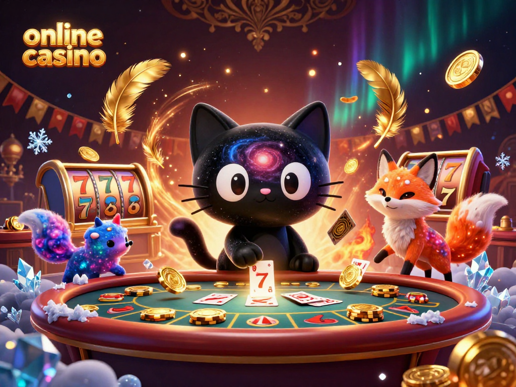 Engaging online casino scene with a black hole cat and colorful nebula fox amidst slot reels and golden chips.