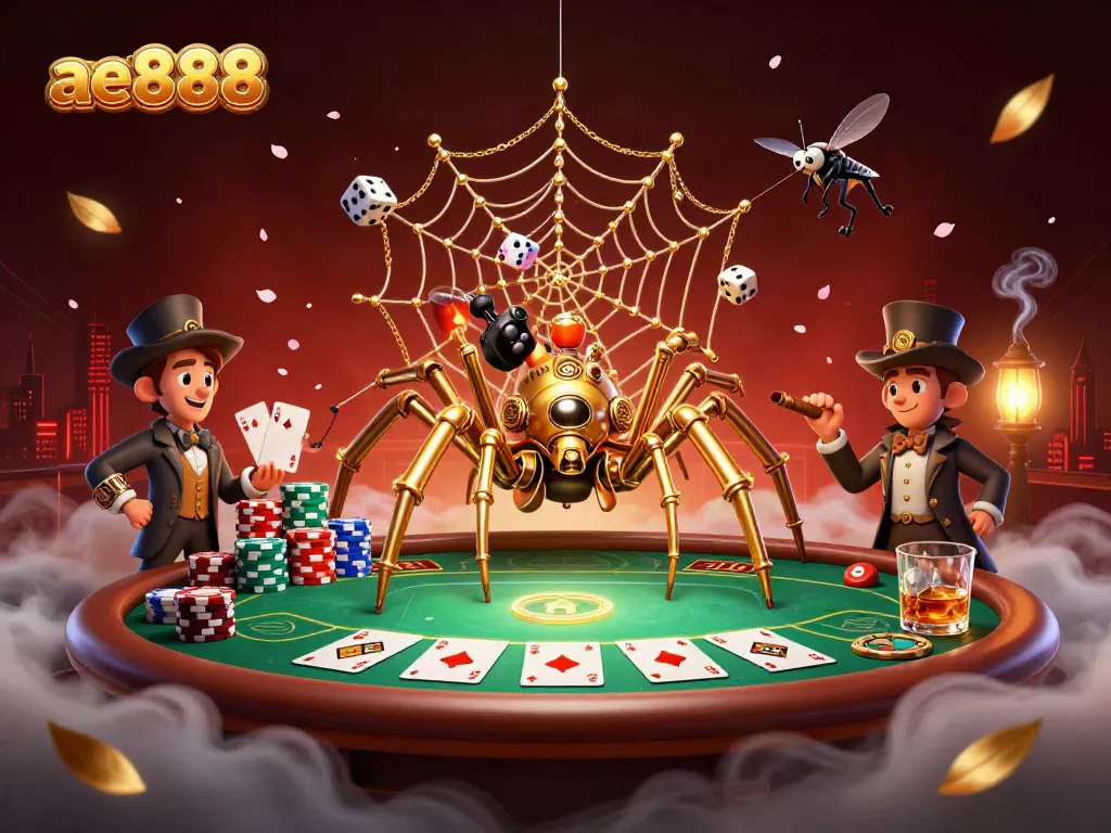 Ae888 showcases a vibrant steampunk casino scene featuring a golden spider and a fly gentleman.