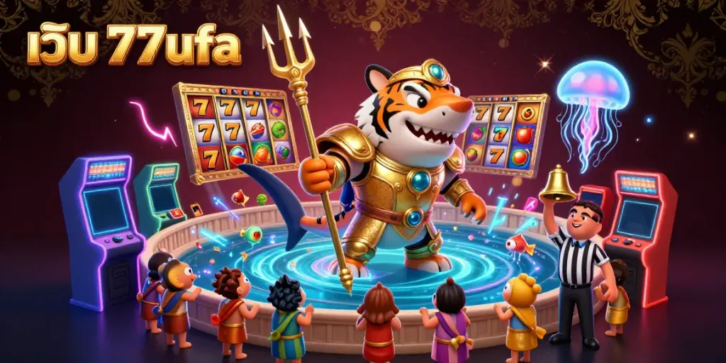 Experience the excitement of เว็บ 77ufa with a vibrant underwater colosseum featuring a golden tiger shark and dynamic game elements.