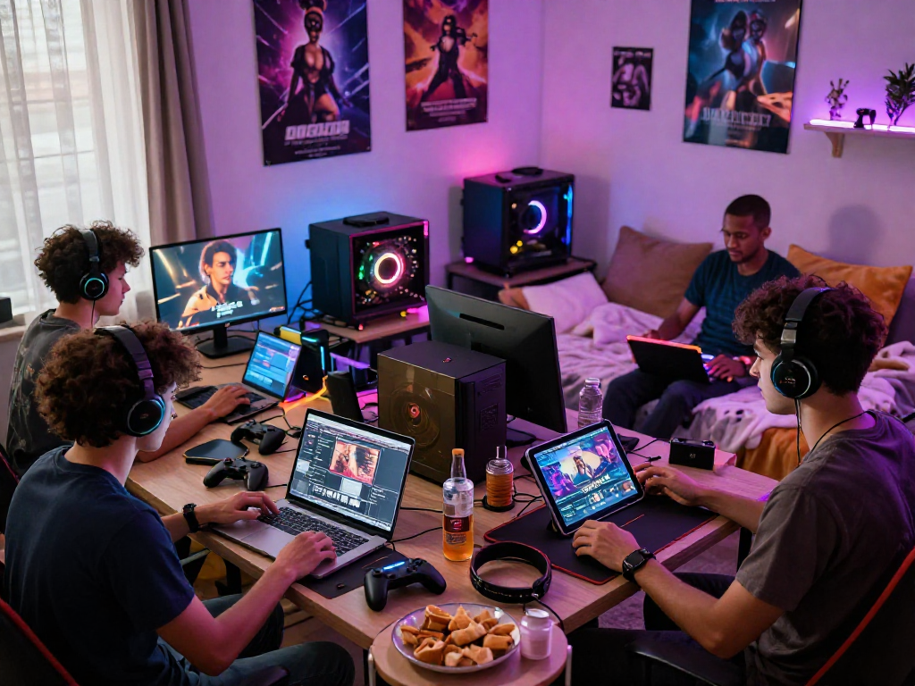 Players enjoying diverse sexgames on multiple devices in a vibrant gaming setup.