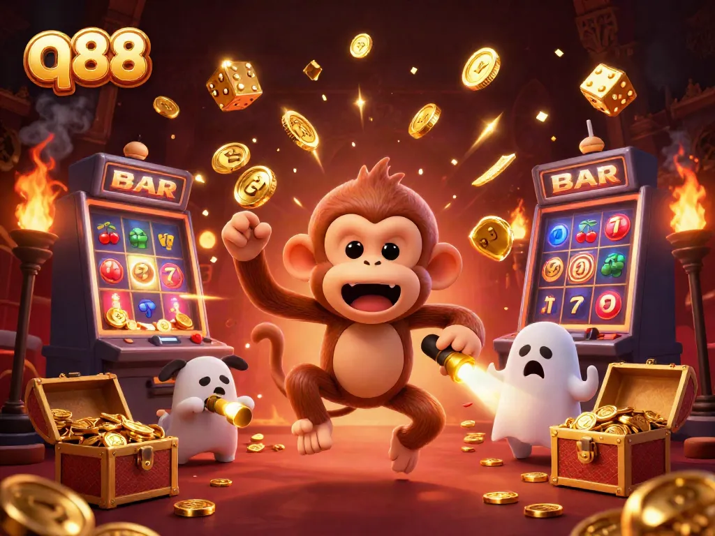 q88 showcases thrilling casino excitement with golden jackpots and mischievous characters in a haunted vibe.