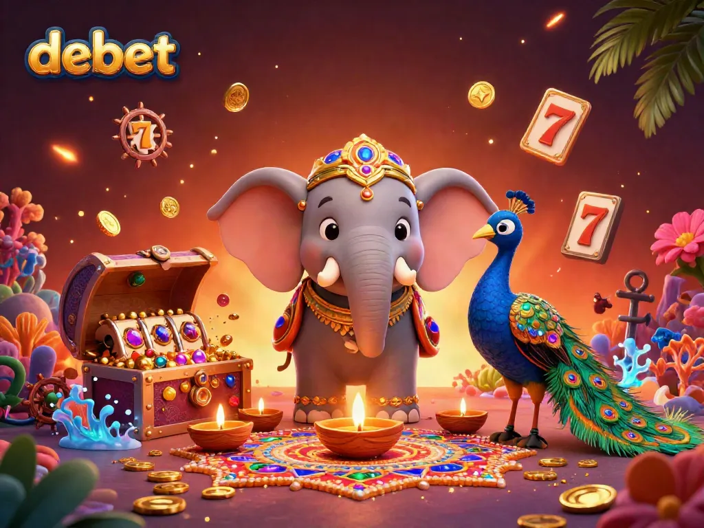 Experience thrilling gameplay at Debet with a vibrant scene of a Diwali-themed elephant and treasures of a casino world.