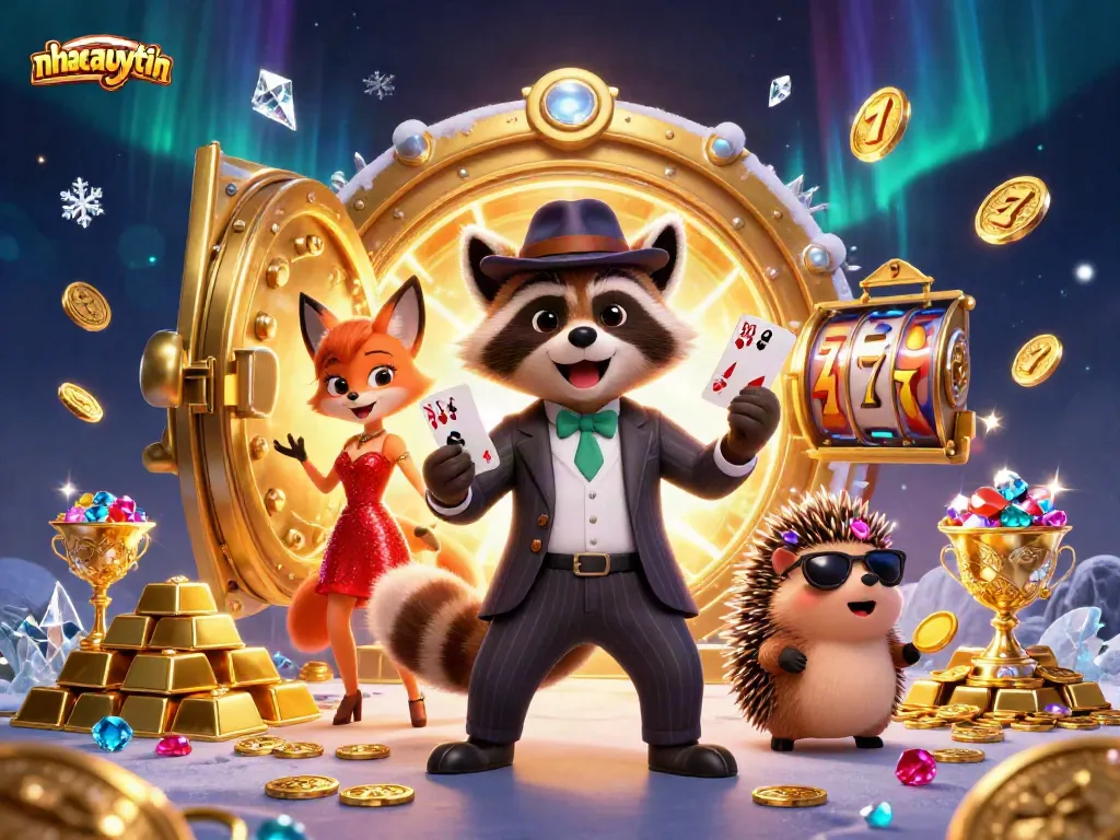 nhacaiuytin showcases a raccoon and fox at a casino with a royal flush, surrounded by slot reels and treasures.