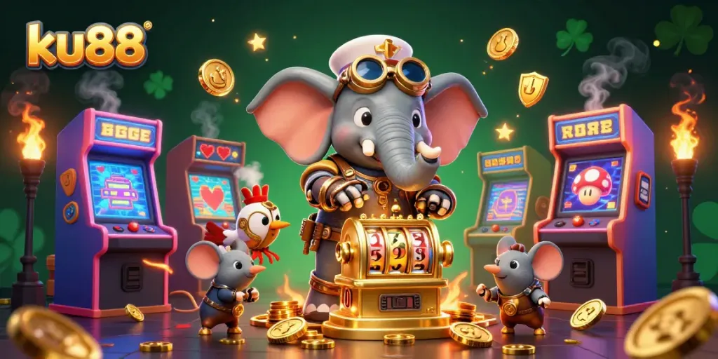 Play exciting games at ku88 with a vibrant casino-themed digital illustration showcasing steampunk characters.