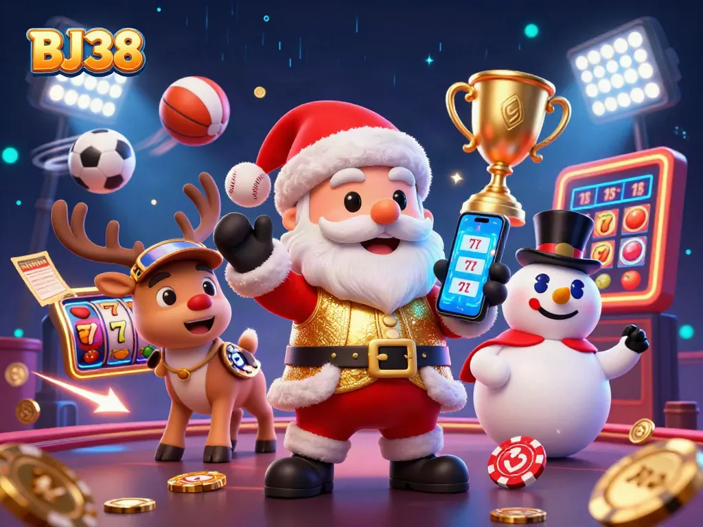 Experience big wins with BJ38 featuring Santa in a flashy casino scene surrounded by colorful slot elements.