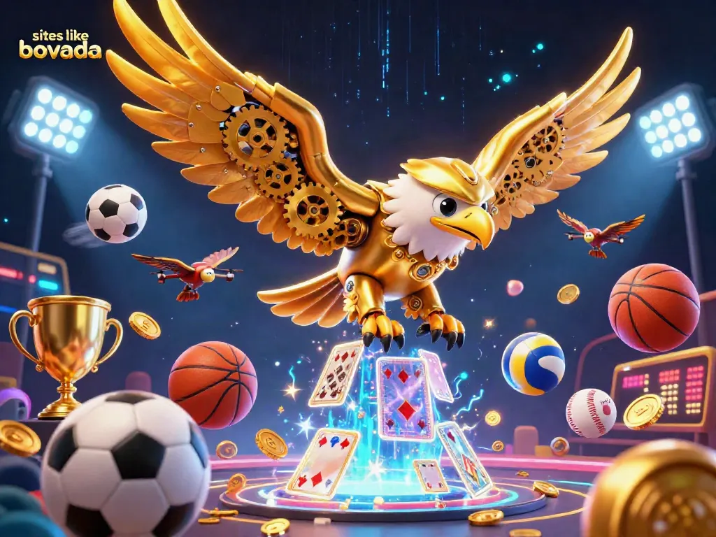 Engage with thrilling games at sites like Bovada featuring a cybernetic eagle and sports action.