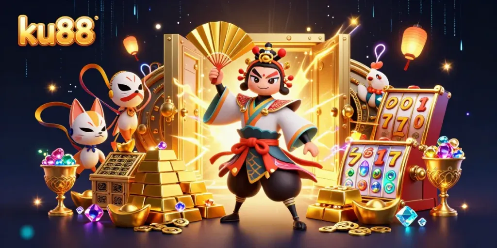 Experience the vibrant excitement of ku88 with a dynamic kabuki warrior and kitsune mask in a dazzling casino scene.