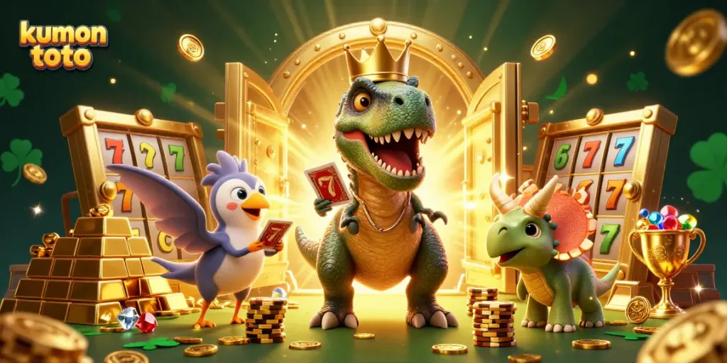 Kumon toto showcases a dynamic 3D casino scene with T-Rex, pterodactyl, and triceratops amidst gold and slot elements.