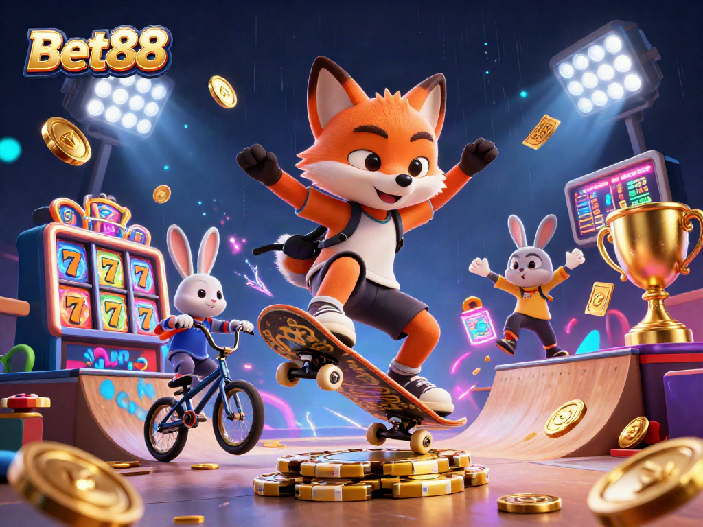 Bet88 features an energetic scene of a skateboarder fox and BMX rabbit amidst vibrant casino elements.