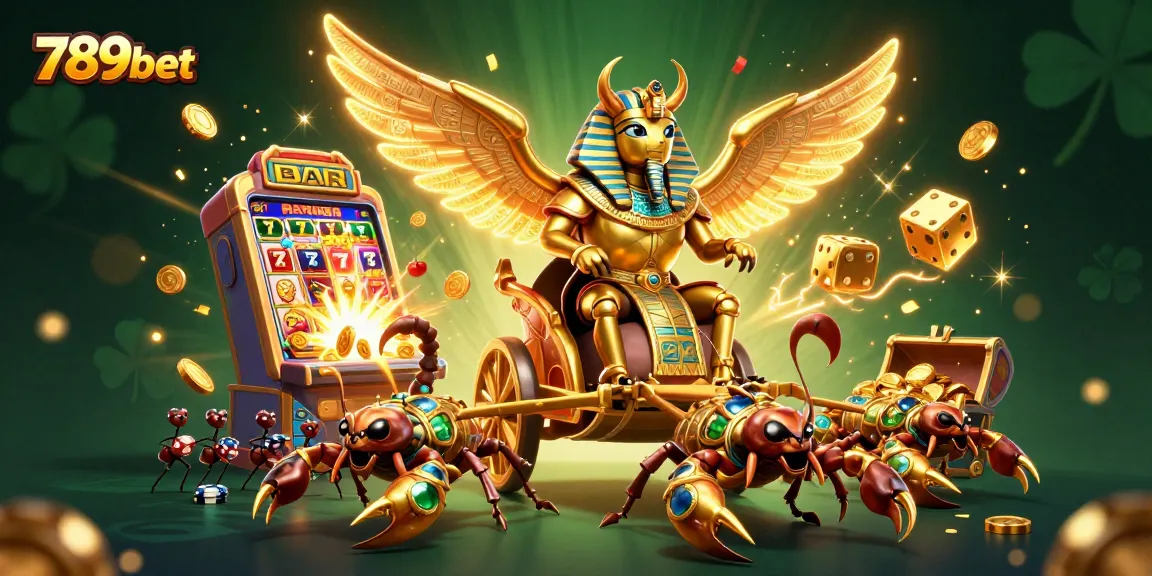 Experience the thrill of 789bet as a golden scarab beetle leads a lively casino scene with jackpots and games.