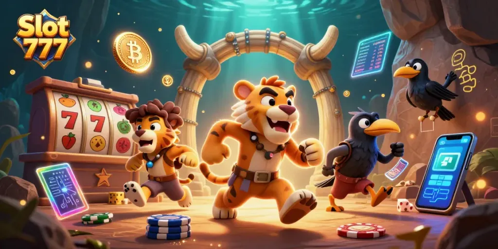 Mainkan Slot 777 di kasino prasejarah dengan simbol jackpot dan koin Bitcoin yang bersinar.
