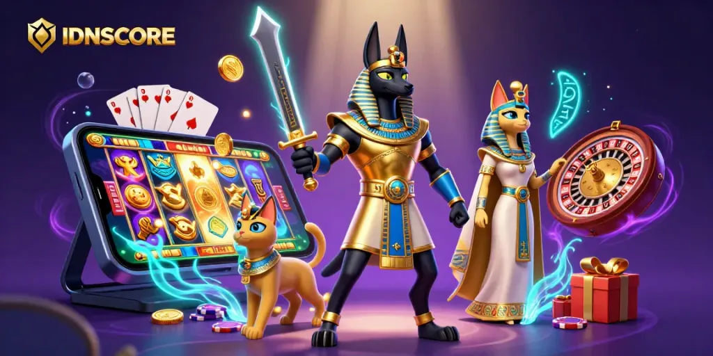 Experience thrilling gameplay in IDNSCORE with animated Egyptian characters and vibrant casino elements.