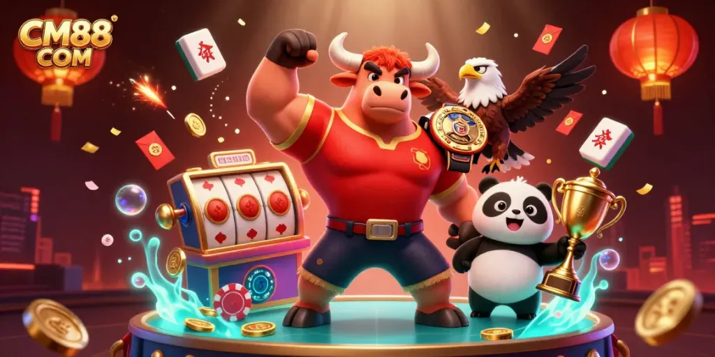 Win big at CM88 COM with a vibrant 3D casino illustration showcasing a victorious bull, eagle, and panda amidst festive gaming elements.