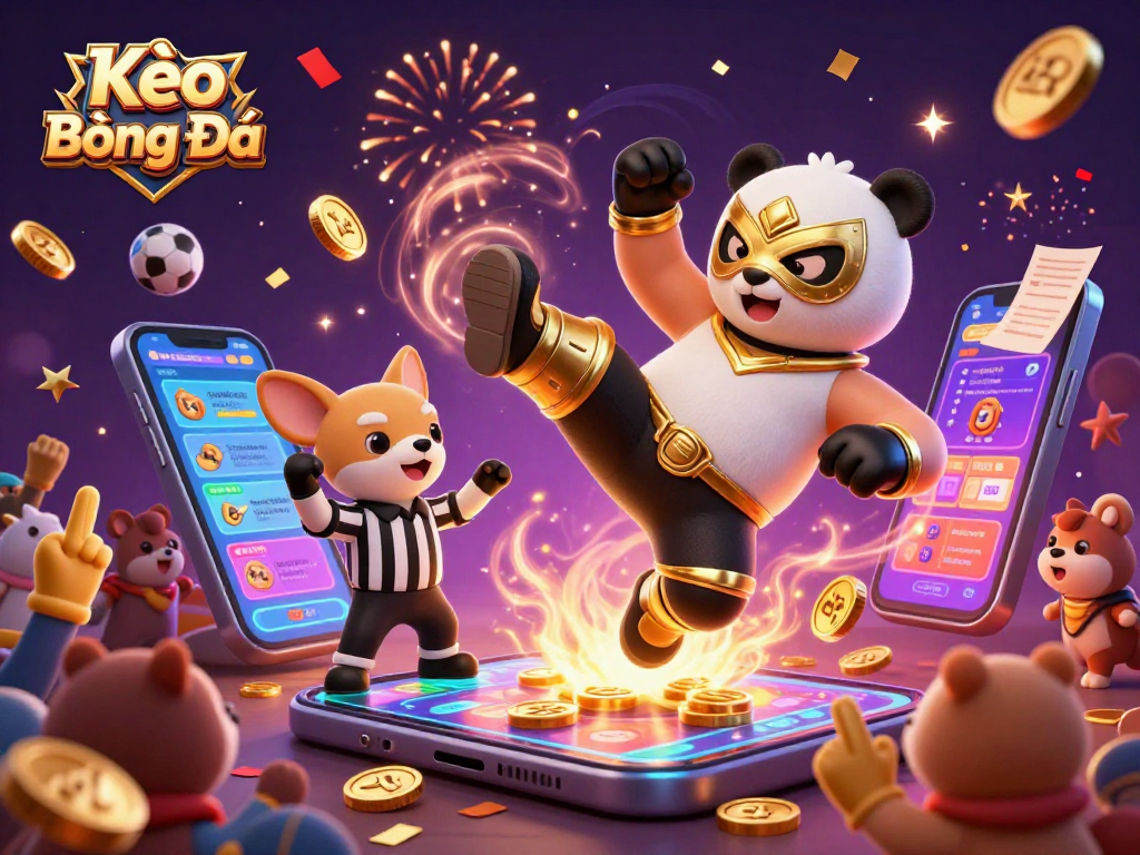 Kèo Bóng Đá brings excitement as the panda wrestler executes a flying kick amidst a vibrant sports betting scene.