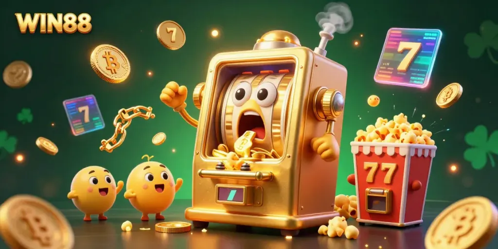 Win88 slot machine celebrated jackpot moment with coins spilling and cheering baby machines.