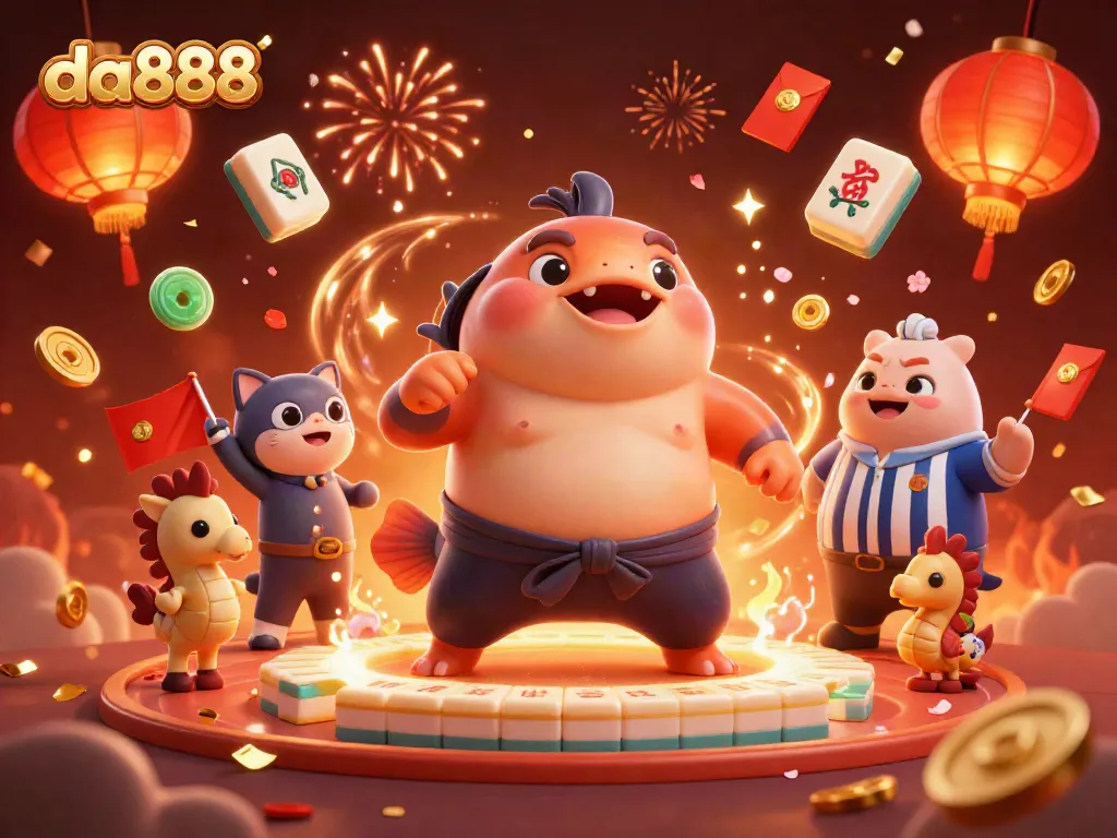 The da888 online casino scene features a dynamic underwater ring with a fugu in a sumo belt amidst festive elements.
