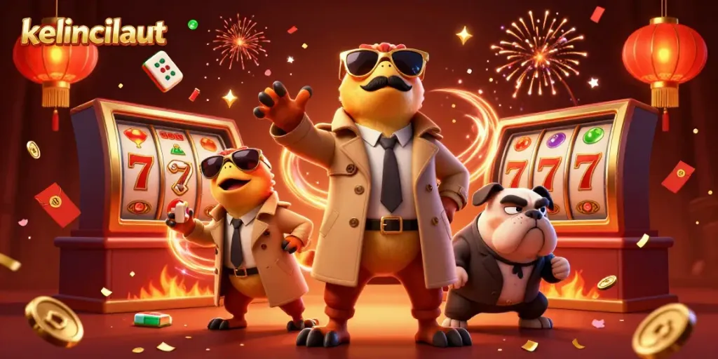 Engage with kelincilaut: cartoon raptors and a bouncer at a vibrant casino VIP lounge.