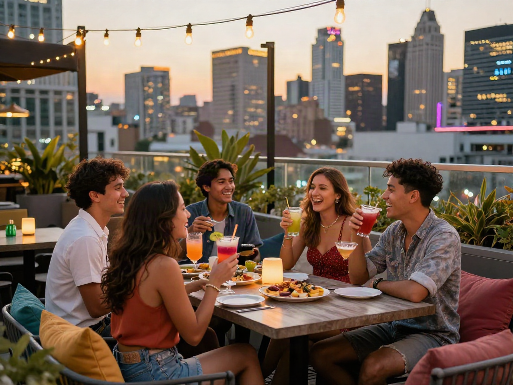 Friends enjoying vibrant nightlife and cocktails at a rooftop bar highlighting harga toto in a dynamic urban setting.