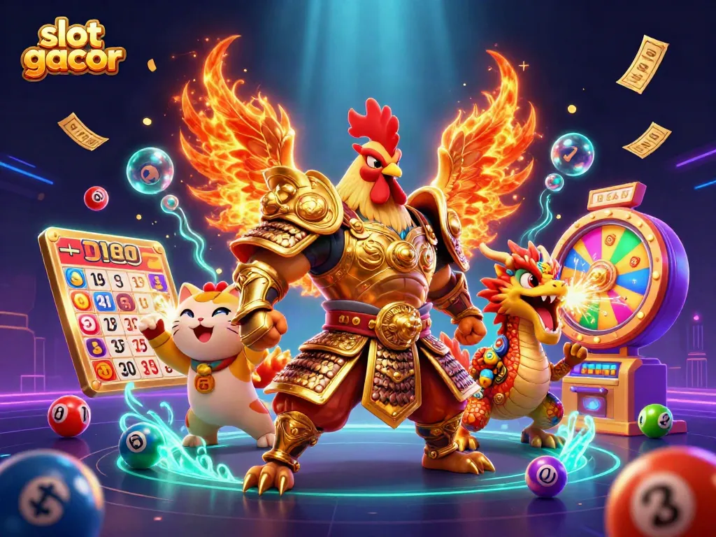 Gambar slot gacor menampilkan karakter ayam pejuang dan naga, dikelilingi elemen permainan kasino.