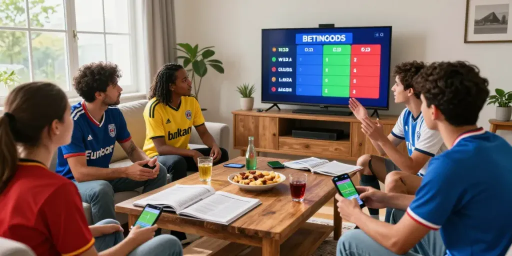 Friends enjoying sports betting on WWBOLA with excitement and camaraderie.