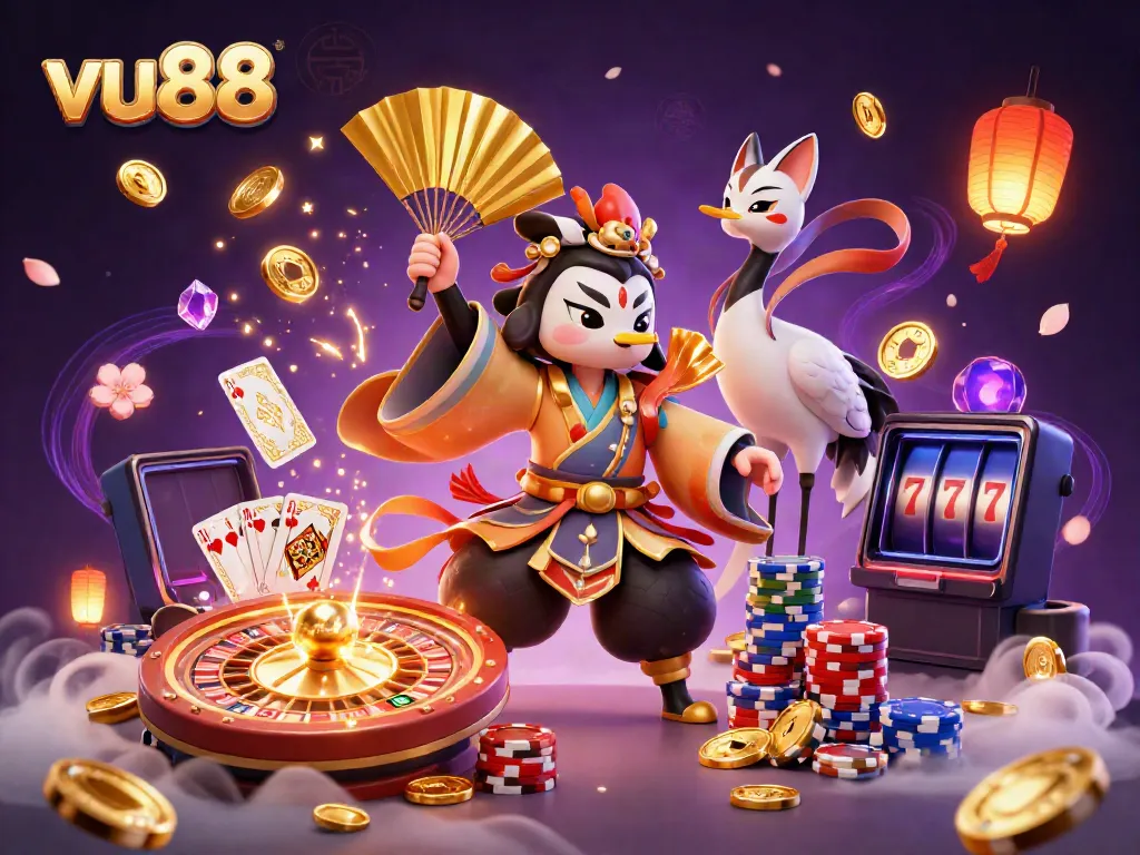 Experience thrilling gameplay at vu88 with vibrant 3D illustrations of kabuki warriors and casino elements.