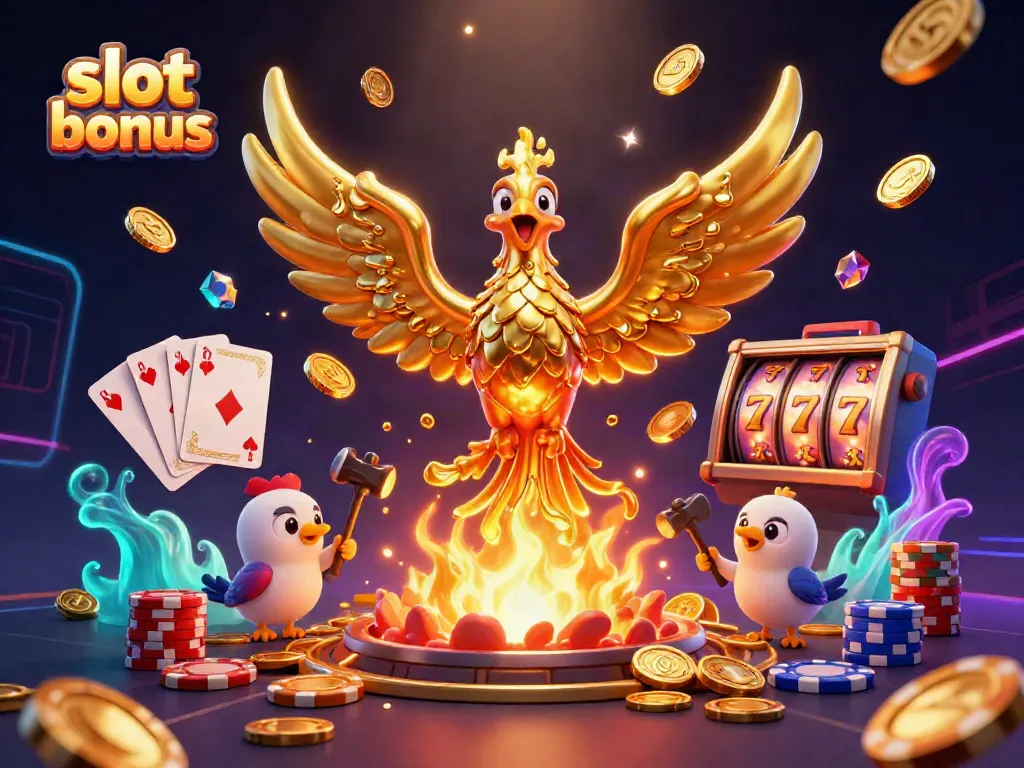 Experience thrilling slot bonus action with golden phoenix and poker elements in a vibrant casino setting.