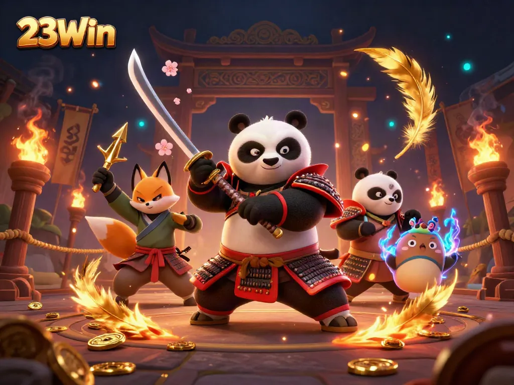 Experience the thrill of 23Win with a dynamic 3D illustration featuring a samurai panda and ninja fox, embraced by golden shuriken and magical elements.