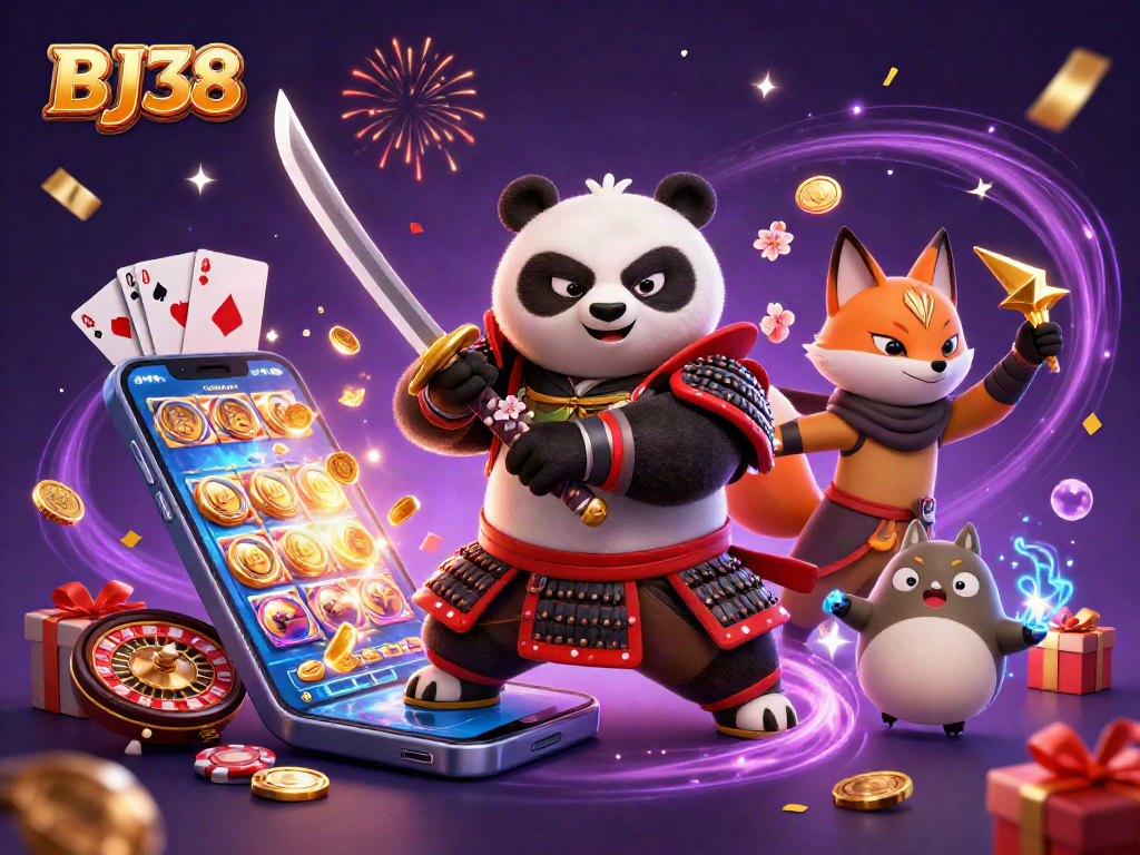 BJ38 showcases a vibrant 3D illustration of fierce characters involved in thrilling gambling action.