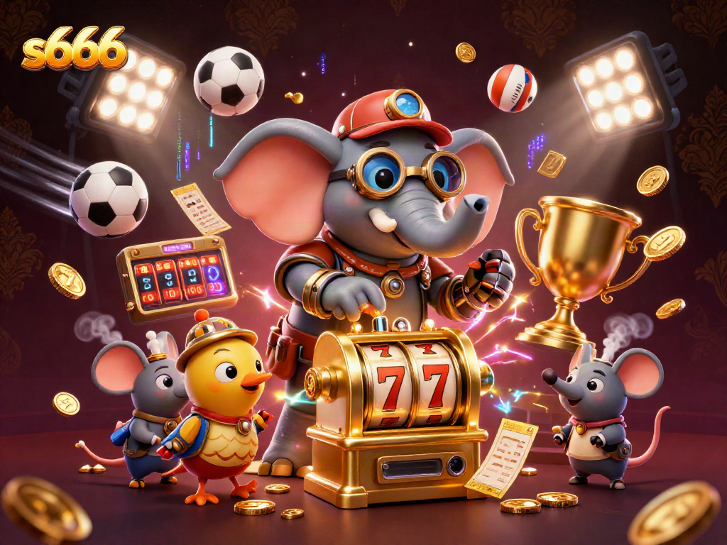 s666 casino scene with animated characters interacting with slot machines, sports betting elements, and vibrant effects
