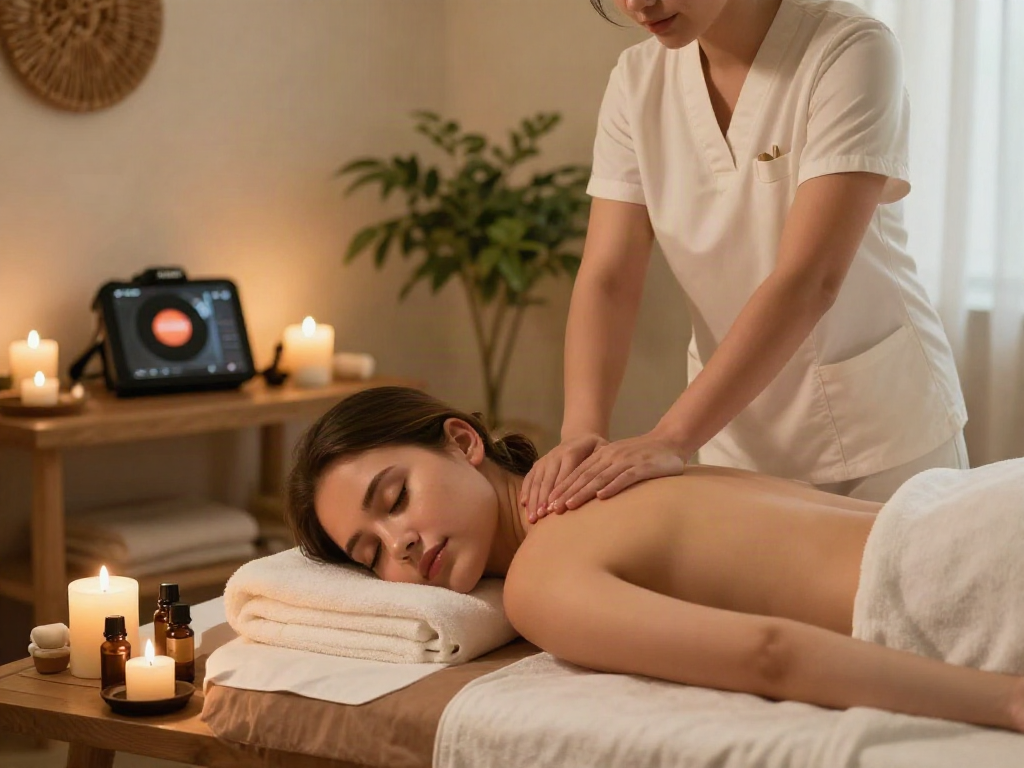 김포출장안마 spa massage session in a calming home setting with aromatic oils and soft lighting.