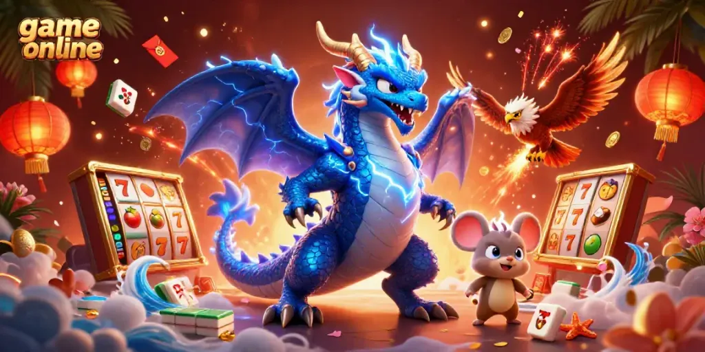 Play exciting slot games online with a dynamic dragon, hawk, and mouse mascot illustration.