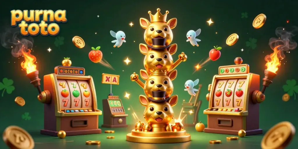 Purna toto memicu keseruan slot gacor dengan totem emas yang penuh energi, simbol keberuntungan, dan detail kasino berkilauan.
