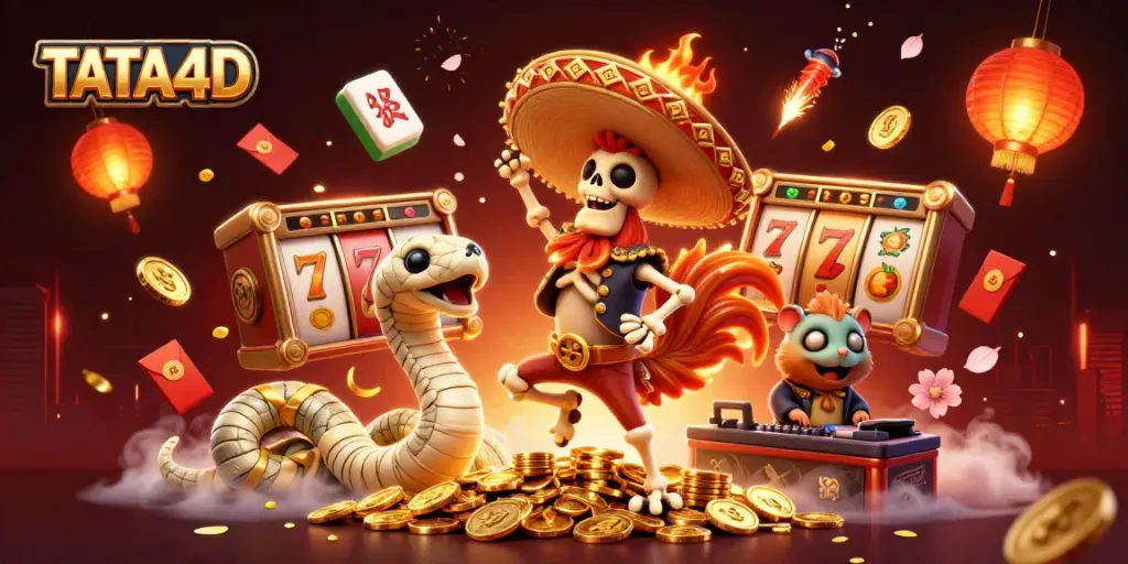 TATA4D showcases a vibrant victory scene with lively characters celebrating casino wins.