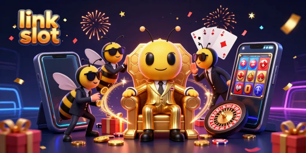 Experience the thrill of link slot games with a buzzing mob boss in a lavish setting.