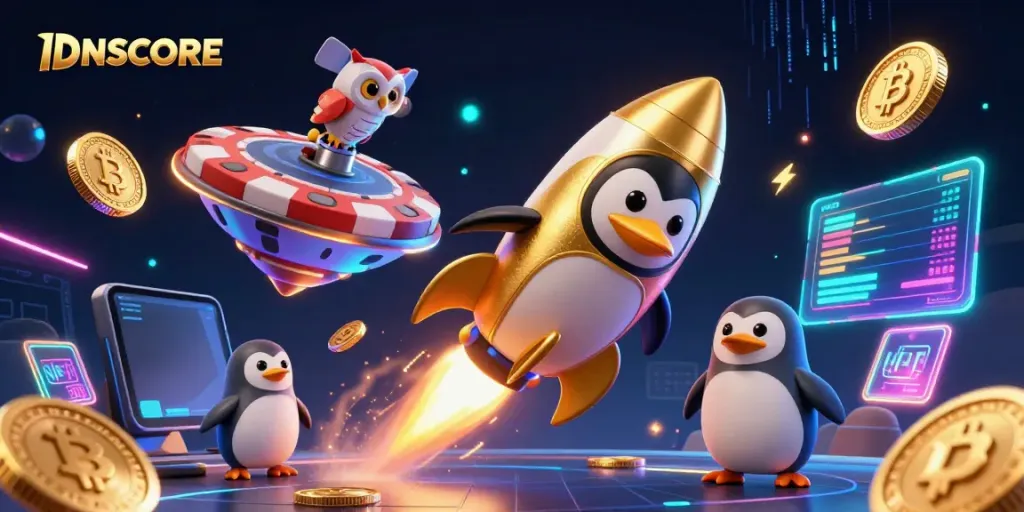 Experience thrilling gameplay with IDNSCORE featuring a golden penguin in dynamic space, casino elements, and crypto coins.