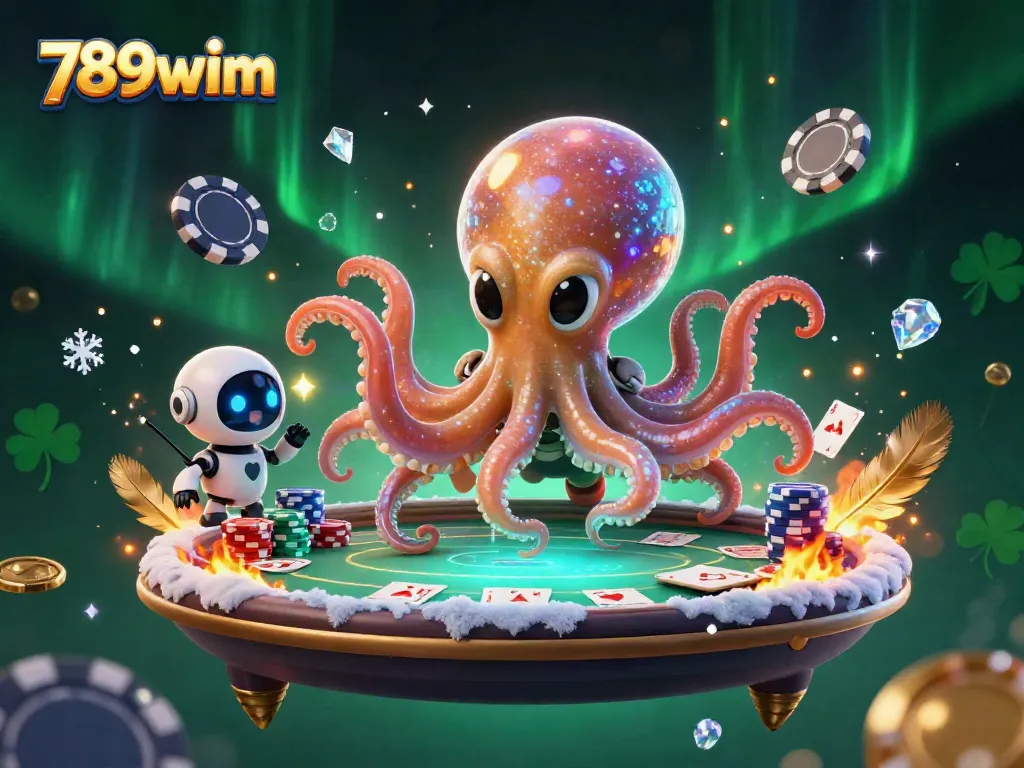 Engage with 789wim's vibrant alien casino scene featuring an octopus player and poker action.