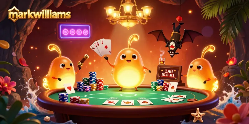 Engage with markwwilliams in a vibrant casino scene featuring glowworms and a bat dealer.