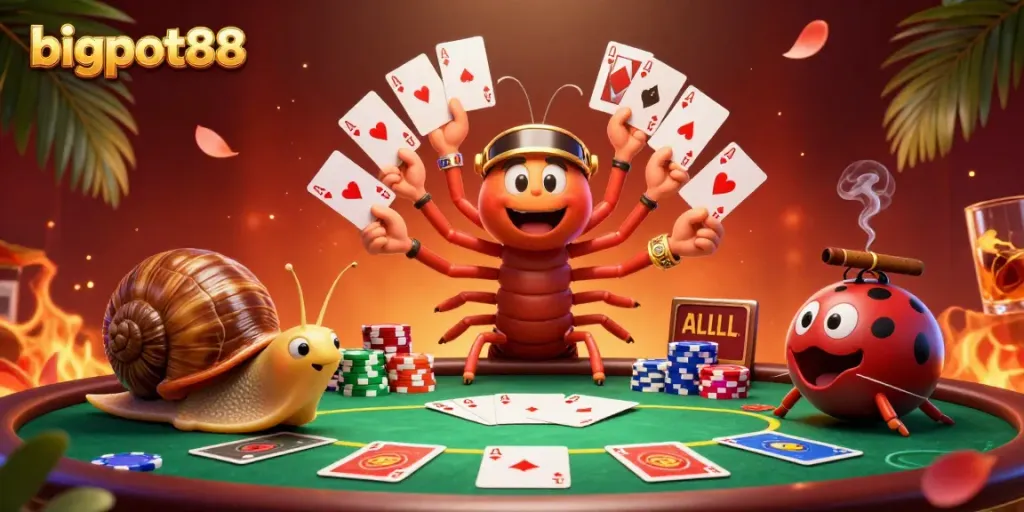 Experience bigpot88 action with a millipede dealer showcasing a poker game amidst vibrant casino elements.