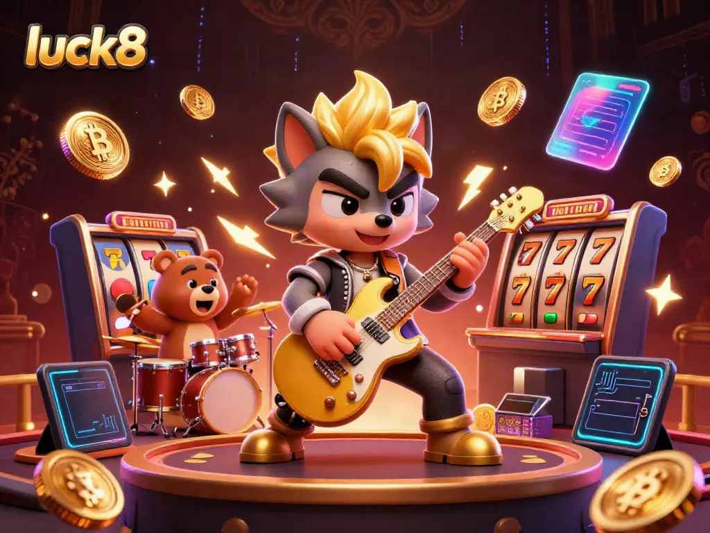 Luck8 showcases an electrifying casino experience with animated characters, dynamic slot elements, and cryptocurrency themes.
