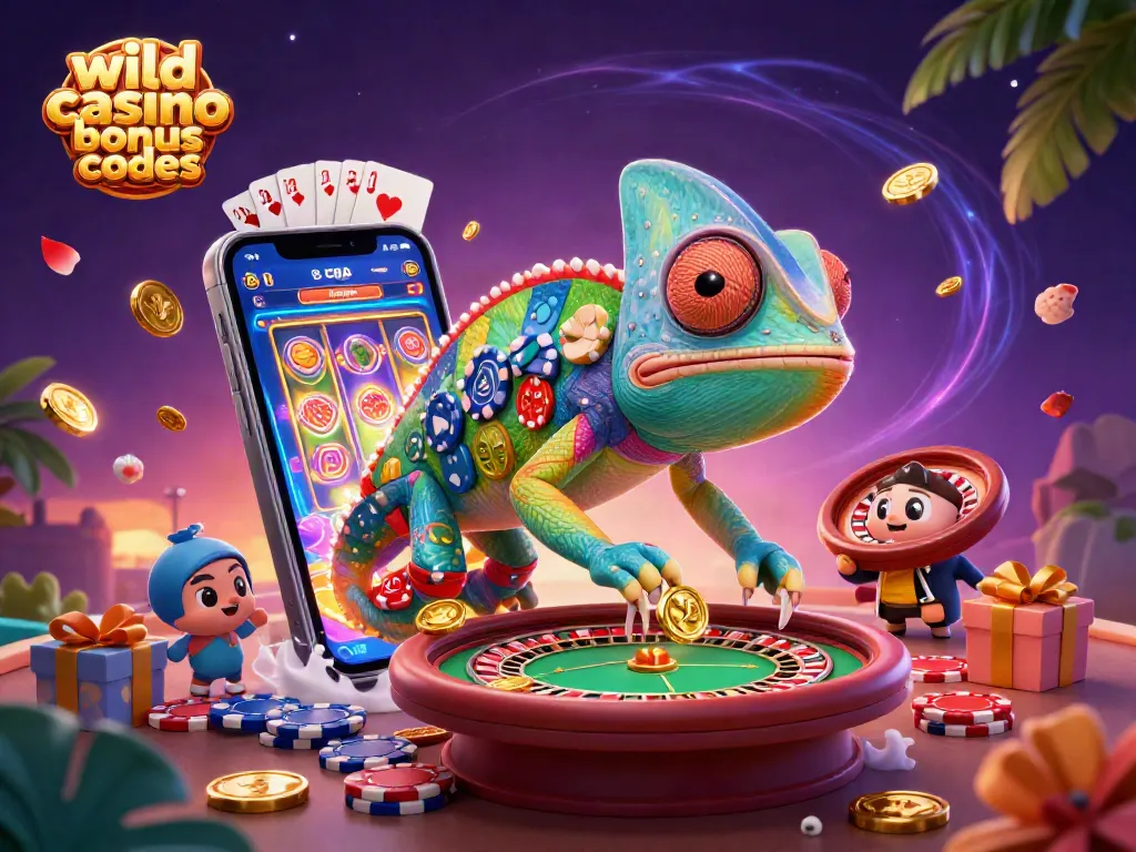 Engage with wild casino bonus codes featured in an action-packed 3D casino world showcasing vibrant gaming scenes.