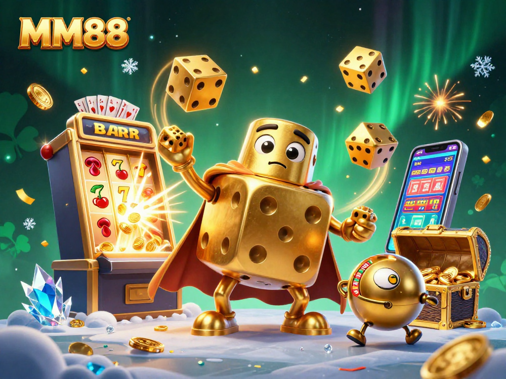 Engage with MM88's dynamic gaming world showcasing golden dice, slot machines, and vibrant casino thrills.