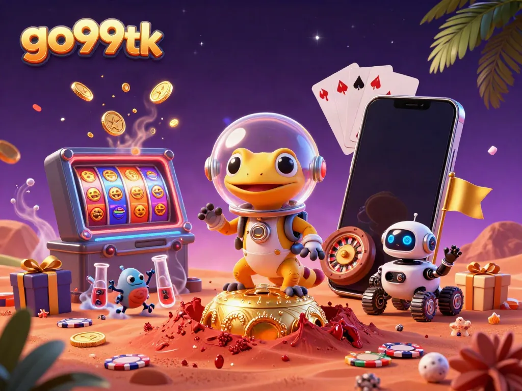 Experience go99tk with a Martian gecko discovering a golden casino in this vibrant 3D illustration of cosmic gaming.