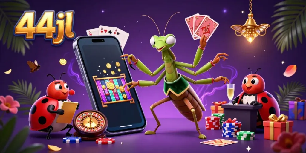 Experience dynamic gaming at 44jl with a vibrant casino scene featuring a giant praying mantis card sharp.