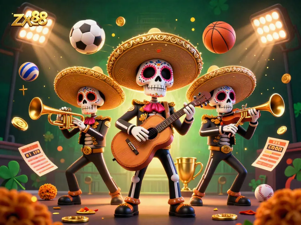 Experience thrilling bets with zx88 in a vibrant 3D illustration featuring playful mariachi skeletons and sports elements.
