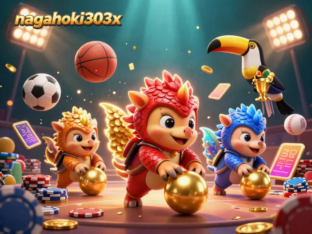 Permainan kasino nagahoki303x dengan pangolin bersaing, chip poker, dan elemen olahraga yang dinamis.
