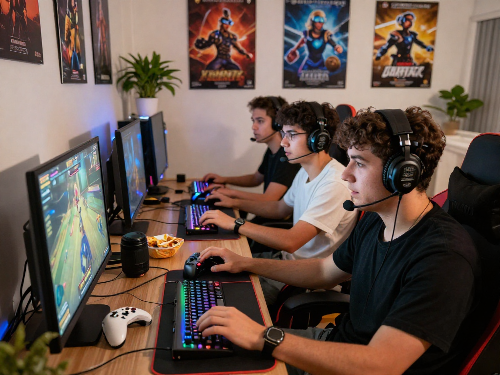 Para pemain bos88 bermain game seru di ruang gaming yang penuh warna.