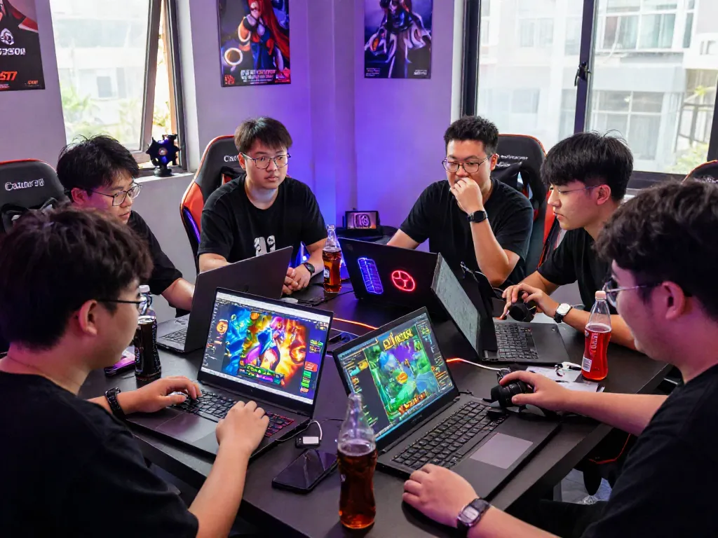 Excited gamers discussing QQmacan strategy with laptops and game memorabilia.