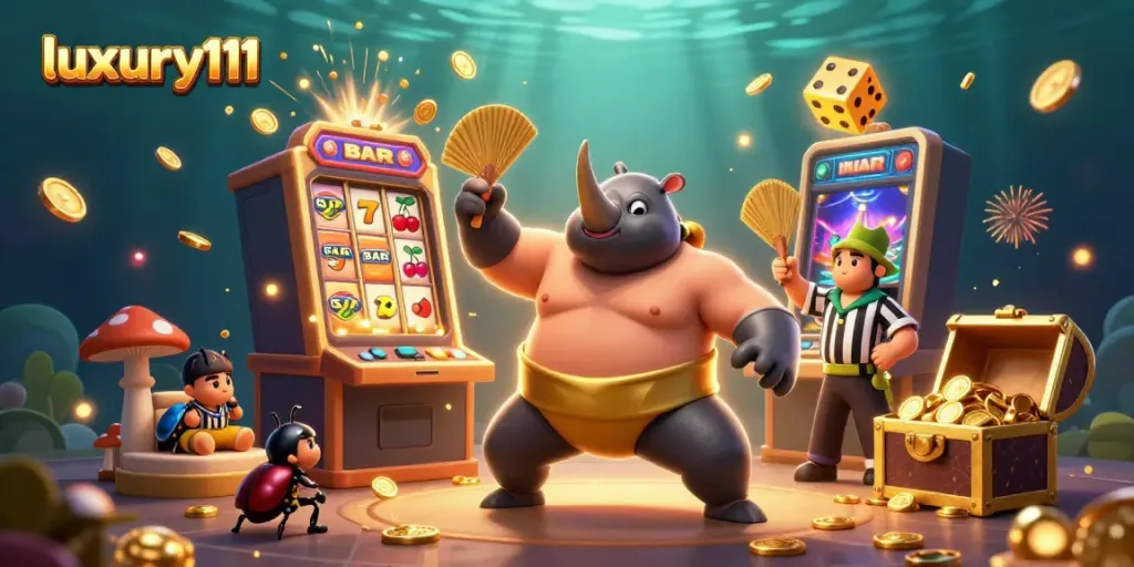 Experience luxury111 with a 3D sumo beetle champion amidst vibrant casino excitement.