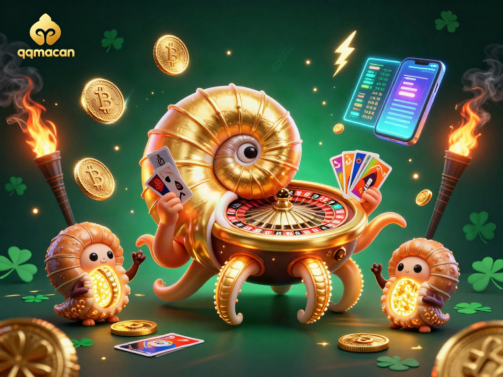 Experience thrilling gameplay with QQMacan's ancient nautilus roulette and glowing crypto elements.