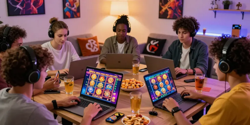Exciting slot online gaming scene depicting players engaged with colorful graphics on various devices.